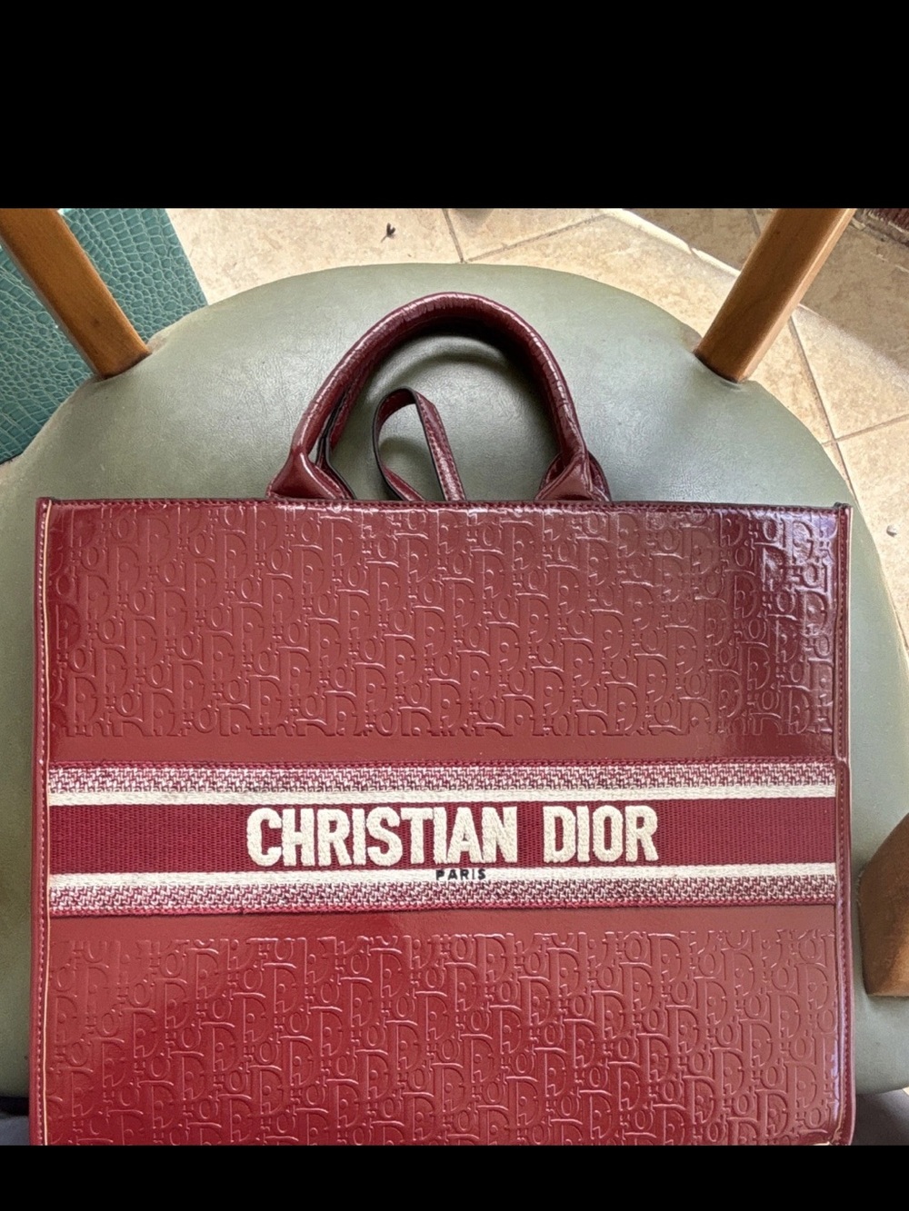 Dior Wine Red Embossed Tote with CHRISTIAN DIOR Stripe